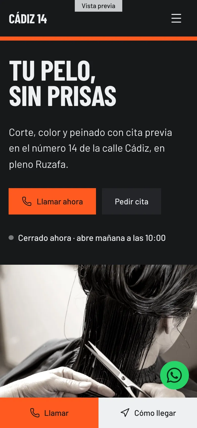 Estilo Taller en el móvil: titular en mayúsculas y botón naranja de llamar
